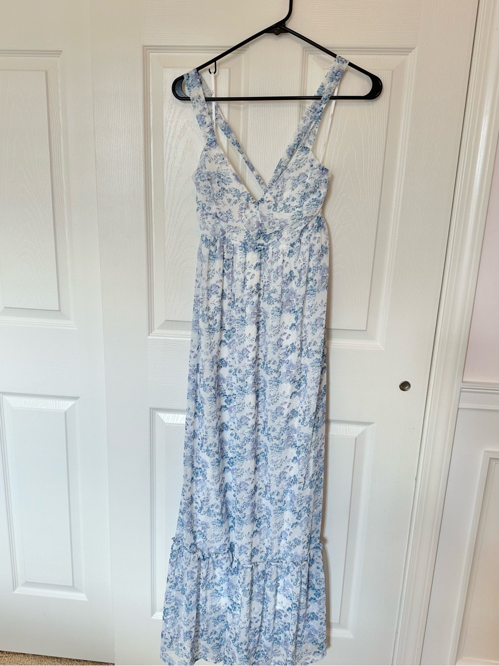 Lulu's White Maxi Dress with Light Blue Floral Print